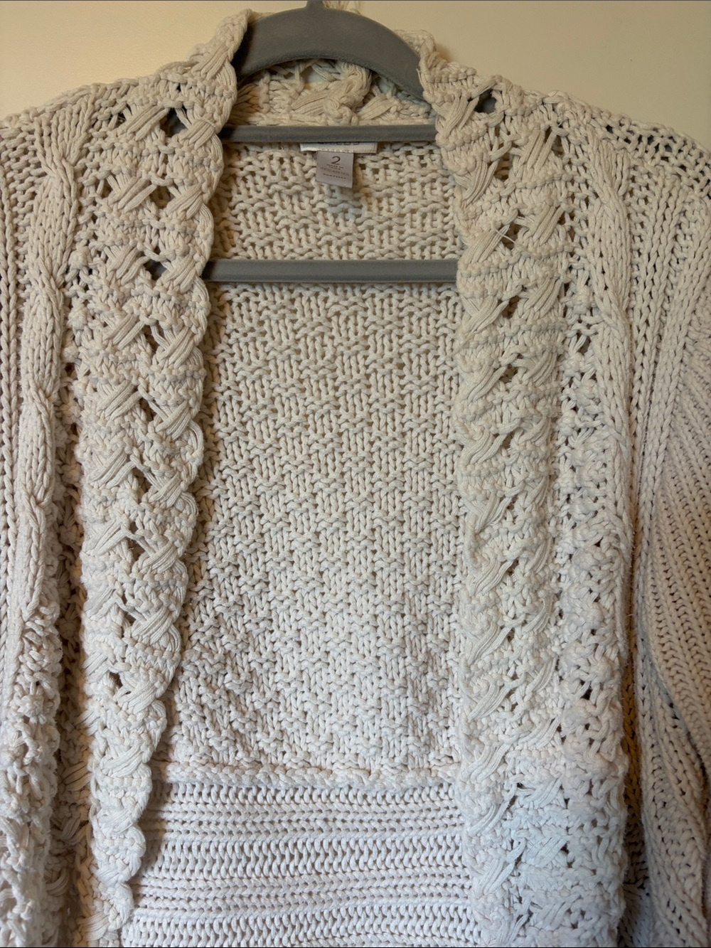 Chico's Cream Open-Front Cable & Crochet Knit Cardigan - Picture 5 of 6